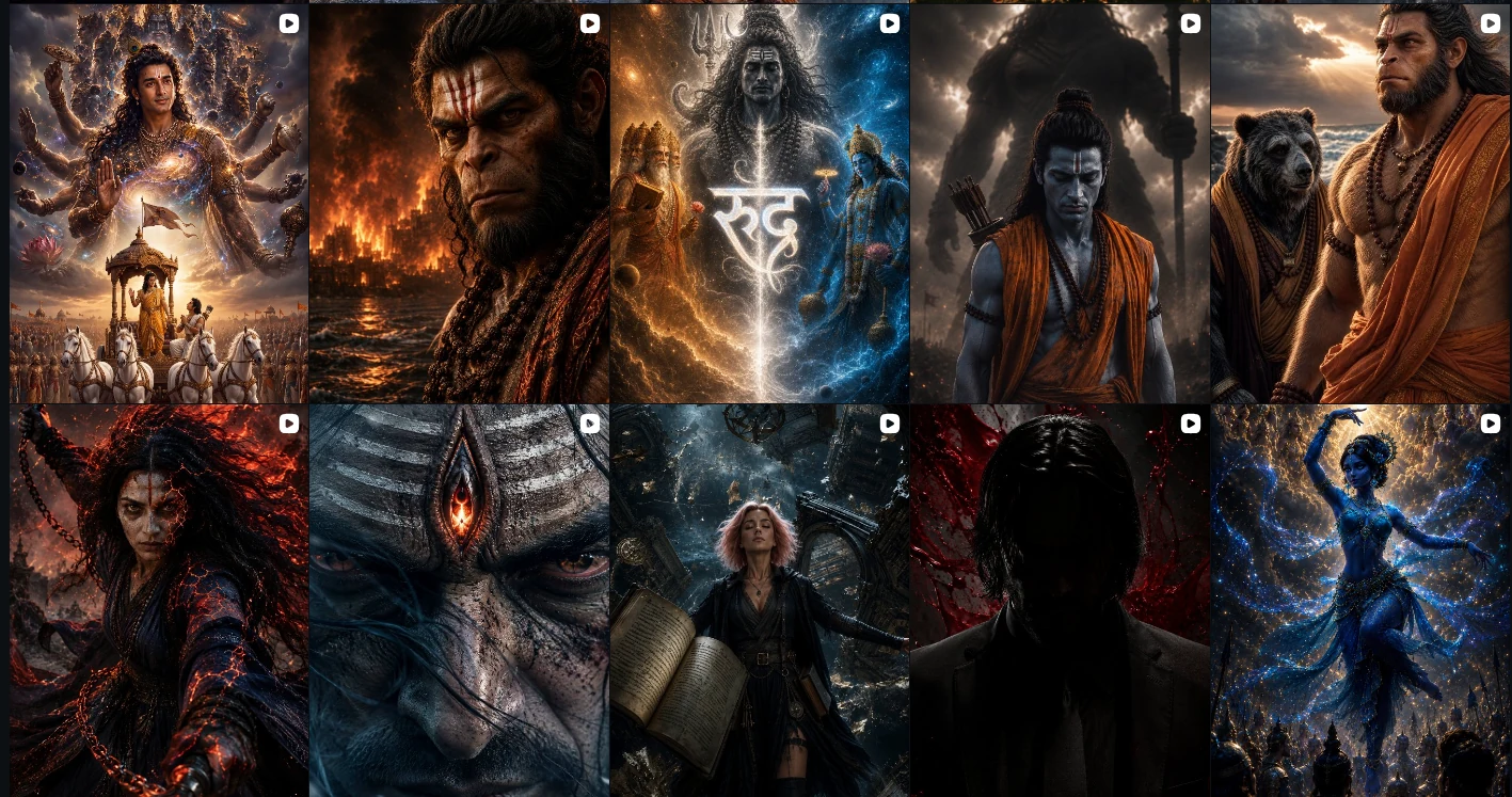 A curated wall of The Fractured Codex mythological films and characters